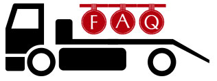Truck illustration hauling the acronym "FAQ," for the Frequently Asked Questions of Oden Transport, such as oil and gas equipment hauling, and tractor and farm equipment hauling.